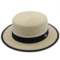 Französischer Strohhut mit flachem Kopf, schwarzem Band und goldener M-Applikation - M(56-58cm) / Beige
