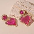 Exaggerated rose pink resin heart earrings with gold rhinestone borders for women - Silver Needle / Pink