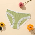 Detail showing bean green ribbed fabric with white lace trim and a small bow on panty - S(30) / Green