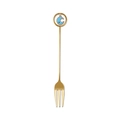 Golden stainless steel long fruit fork featuring a light blue moon pendant handle - Gold Fork Blue Moon Pendant