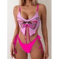 Roze tweedelige bikini met vlinderprint, vleugelvormige top en broekje met striksluiting - S / Roze