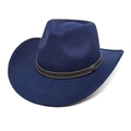 Detailed close-up of a navy wool felt cowboy hat featuring a vintage leather band - Navy Blue