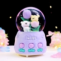 Leuchtende lila Tulpen-Kristallkugel Spieluhr mit Bären und floraler Harzbasis Deko - 004 Violette Basis / Groß 100 Schnee+Licht+Musik