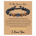 Tiger eye and black bead bracelet for bonus son on message gift card with woven cord - To My Bonus Son