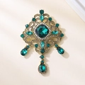 Baroque style vintage emerald green crystal brooch with golden metal and teardrop pendants - XD825018-1-Antique Gold Emerald 3-Drop