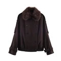 Veste courte marron foncé pour femme avec col en fausse fourrure et double boutonnage - XS / café