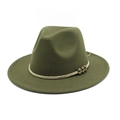 Detail of dark olive wool fedora hat featuring braided band and vintage metal beads - Army Green