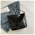 Glossy black patent leather tote bag with chain strap and vertical stitching detail - Black