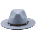 Light blue wide brim wool fedora hat with bohemian woven band and bead accents - Sky Blue