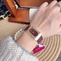 Women's vintage gold rectangular watch with burgundy leather strap and minimal dial - Gold/Wine Red (Rectangular Mebal Style)