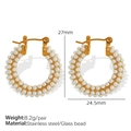 Golden stainless steel C-shaped hoop earrings with triple rows of white glass pearls - EH526 Gold Color White Pearl Earrings