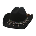 Black western cowboy hat with ethnic woven band and vintage silver metal pendants - One Size / Black (Silver Triangle Decoration)