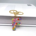 Letter F alphabet keychain with colorful heart sequins in transparent resin and gold ring - Letter F Lobster Clasp Keychain