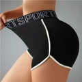 High-waisted black sports shorts with white elastic waistband and SPORTS letter printing - S / Black