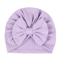 Close-up of ribbed knit purple baby hat featuring a large decorative bow on front - Light Purple