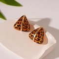 Macro detail of triangular leopard print earrings with gold vertical metal bar - Silver Needle Leopard Triangle Stud Earrings