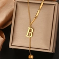 Elegant gold titanium steel Y-necklace with serif letter B pendant and long tassel cube - Letter B (WY006-B)