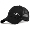 Outdoor black mesh trucker hat with white mountain embroidery and curved brim visor - One Size / Black