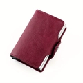 Portacarte bordeaux con trama litchi RFID e telaio in metallo argento con scatto - Rosso