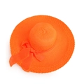 Detailed top view of orange straw sun hat showing woven texture and ribbon bow - Orange