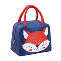 Navy blue insulated lunch bag featuring a cute red fox cartoon and red carry handles - Fiery Red Fox Thermal
