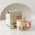 Tulip ceramic mug in light yellow with pink lid and gift box for office and home - With Lid, Spoon and Gift Box / Pink