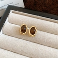 Dettaglio macro di orecchini vintage dorati con occhio di tigre marrone in cofanetto - Perno per orecchini in argento - Caffè - Ovale