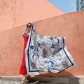 Bohemian large nautical scarf with anchors and ropes pattern on white silk - White-Nautical Compass / 180cm