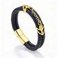 Bracciale da uomo in pelle nera intrecciata con chiusura magnetica dorata e ancora - Oro (AB0502)