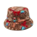 Detailed view of brown plush bucket hat with thick colorful pixelated pattern texture - M (56-58cm) / Brown Geometric Pattern (A)