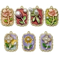 Retro Monet oil painting style flower enamel charms set with gold镂空 and pearls - Mix 7 Pcs Rectangular Flowers-SN1112