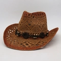 Brown woven hollow straw cowboy hat with wooden beads and bohemian wide brim for travel - Dark Coffee Circle Decor / Khaki Brown