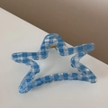 Star-shaped acrylic hair claw with blue and white gingham pattern and gold metal spring - Blue Checkered Star Claw