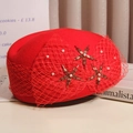 Detail of red wool beret featuring elegant mesh veil with white pearl and star bead accents - M (56-58cm) / Star Ornament Design / Red