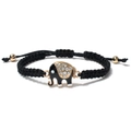Detail of hand-woven black cord bracelet with crystal-studded golden elephant charm - Black