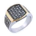 Macro detail of men's retro signet ring with square face and pavé set grey gemstones - US 7 / Two-tone Gold Silver Black Zirconia Engraved Square Style (01110)