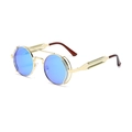 Steampunk round sunglasses with gold metal frame and vibrant royal blue mirrored lenses - Gold Frame Ice Blue Lens