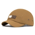Gorra de béisbol 5-panel caqui con visera corta, parche de cuero marrón y ojales metálicos - Caqui