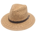 Men's hollow woven Panama straw hat with a flat brim and dark brown leather decorative belt - Khaki