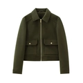 Close-up of a dark green cropped jacket featuring lapels, front zipper, and large button pockets - XS / Olive Green