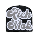 Dettaglio della maglia jacquard Rich Mob su un berretto streetwear nero a doppio strato - M (56-58cm) / Nero e Grigio