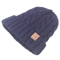 Berretto blu scuro a maglia intrecciata con risvolto e toppa in pelle marrone - Taglia Unica(Regolabile) / Blu navy