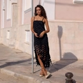 Abito midi francese a pois traforati con nappe nere ed elegante silhouette a vita alta - S / Nero