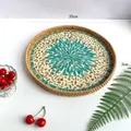 Handwoven rattan round tray with green and white shell mosaic inlay diameter 35cm - Peacock Green Leaves / Large 35*3cm