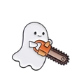 Cute white ghost holding an orange chainsaw enamel pin for Halloween accessories - Chainsaw Ghost Style (QHXZ2430)