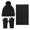 3-piece black winter knit set including hat with pompom, scarf and gloves in checkered pattern - 317 Black 3-Piece Set (Checkerboard Pattern)