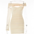 Detail of beige bodycon dress featuring elegant mesh patchwork and ruched hip design - S / Apricot