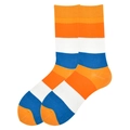 Mid-calf cotton socks featuring vibrant orange white and blue striped pattern on white background - One Size / Orange White Blue Striped (2034C)