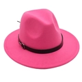 Top view of fuchsia fedora hat featuring a black leather band and silver buckle detail - M (56-58cm) / Rose Red