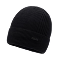 Classic black knitted beanie with warm fleece lining and a metallic logo plate - Black